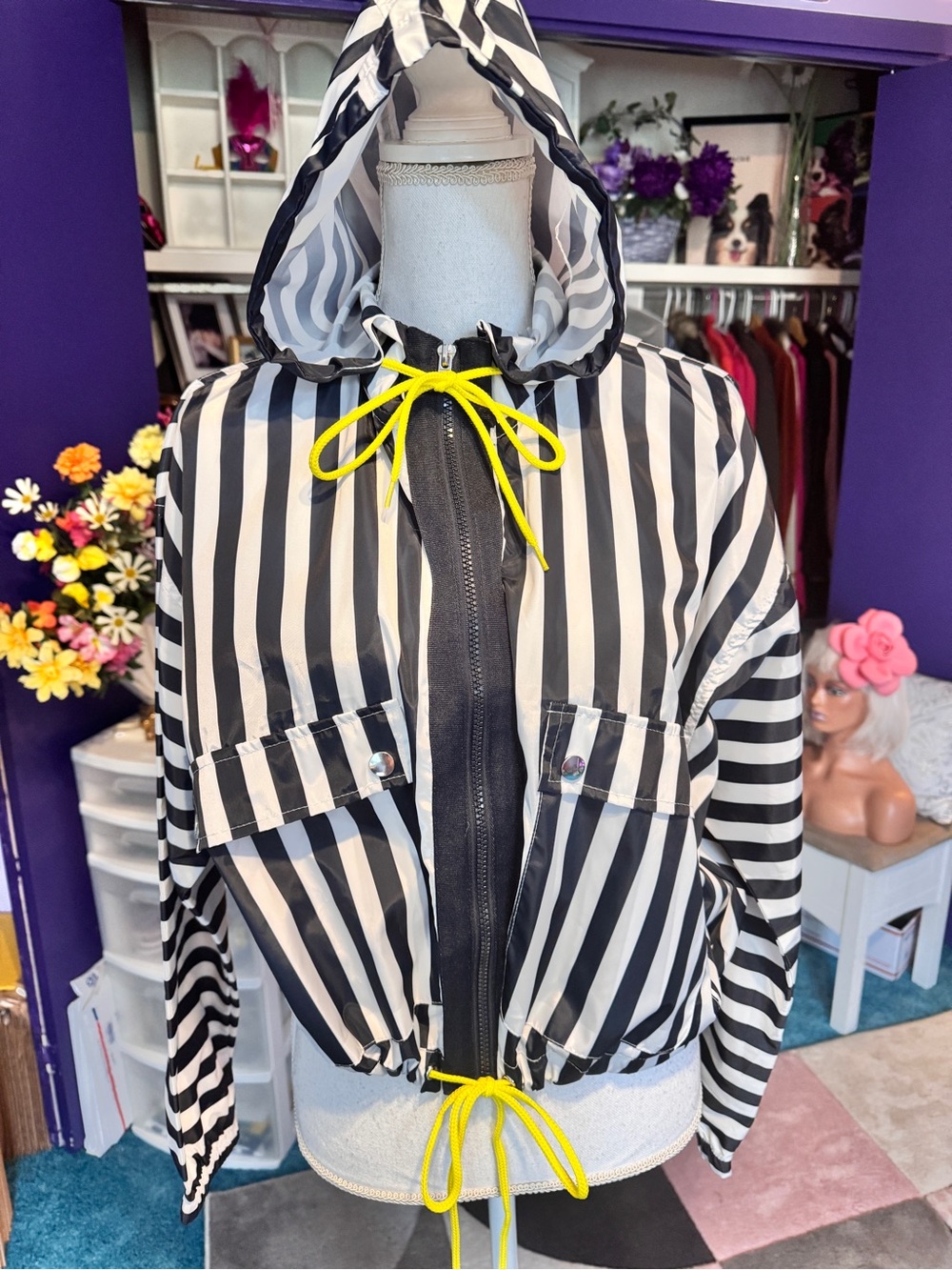 Black & White Striped Windbreaker Jacket
